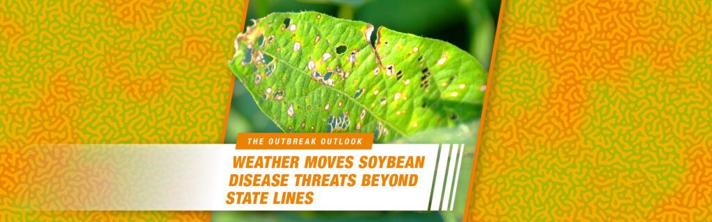 A close up photo shows frogeye leaf spot damage to a soybean leaf. Text reads: The outbreak outlook. Weather Moves Soybean Disease Threats Beyond State Lines.