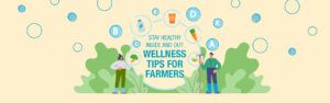 An illustration of farmers and healthy foods with text that says 
