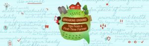An illustration of a farm and text bubble that reads 