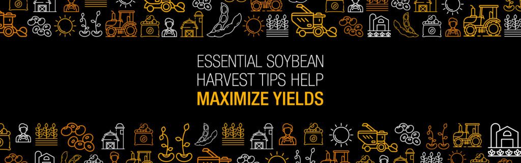 Illustrated farming machinery, tractors, beans, and silos with text that reads 