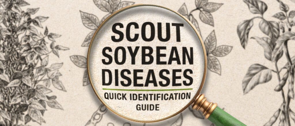 An illustration of soybean plants and a magnifying glass