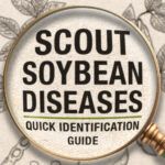 An illustration of soybean plants and a magnifying glass