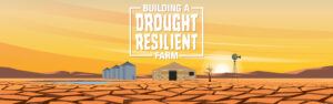 An illustration of the sun rising on a farm and field affected by drought with the text 