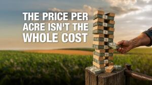 An illustration of bills stacked in a Jenga-like formation in a cornfield illustrating how hidden costs add up. Text reads 