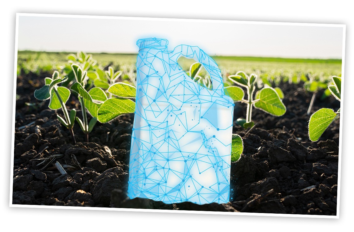 An illustration of a crop protection jug with a background of healthy soybean plants. 