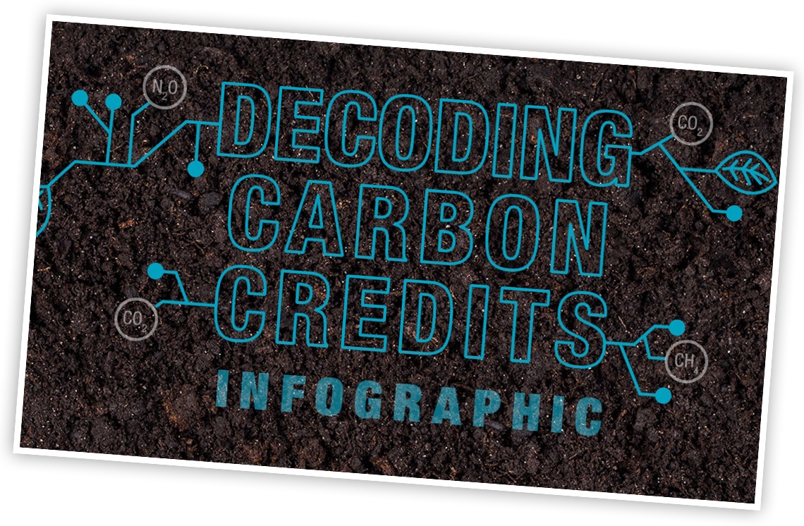 A background of rich soil with the "Decoding Carbon Credits" text over it. 