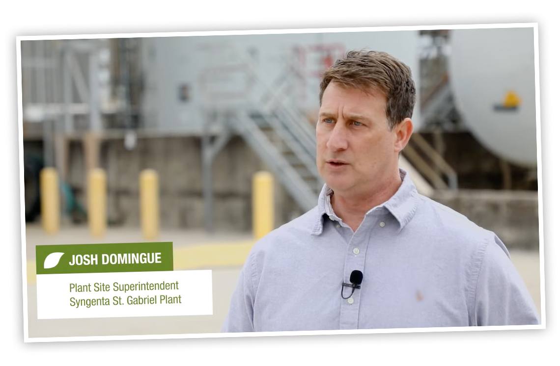 Josh Domingue stands in front of the Syngenta manufacturing site in St. Gabriel, LA. 