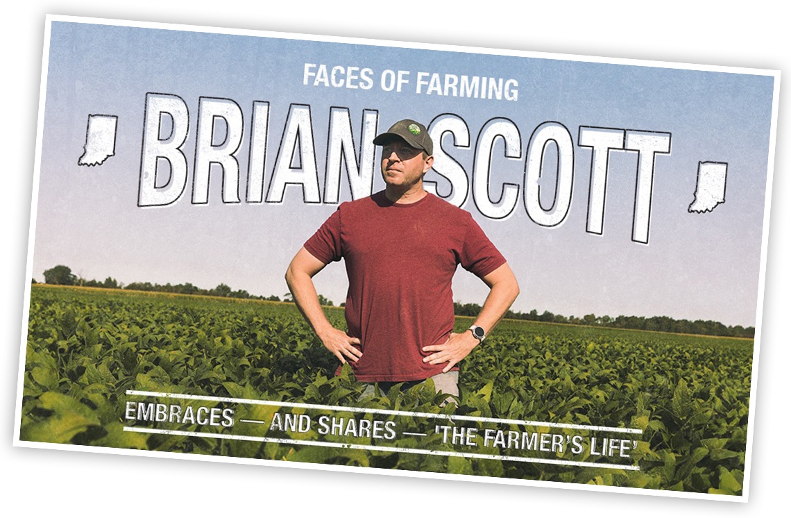 Brian Scott, influencer and online advocate for agriculture, stands in a field of healthy soybean plants. 